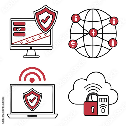 Cyber security icon set. Data and network protection symbols for app, ui, website. Computer technology protection, internet safety, secure cloud access, privacy vector icons.