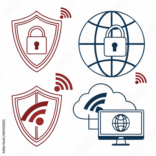 Cyber security icon set. Data and network protection symbols for app, ui, website. Computer technology protection, internet safety, secure cloud access, privacy vector icons.