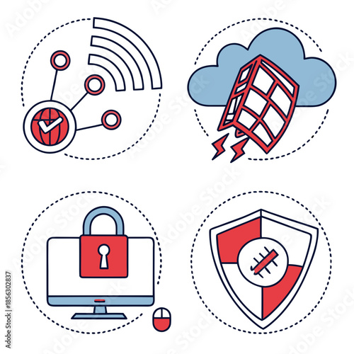 Cyber security icon set. Data and network protection symbols for app, ui, website. Computer technology protection, internet safety, secure cloud access, privacy vector icons.