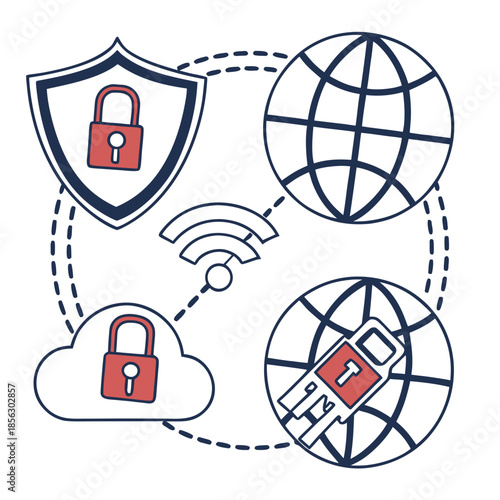 Cyber security icon set. Data and network protection symbols for app, ui, website. Computer technology protection, internet safety, secure cloud access, privacy vector icons.