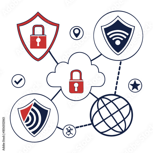 Cyber security icon set. Data and network protection symbols for app, ui, website. Computer technology protection, internet safety, secure cloud access, privacy vector icons.