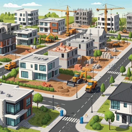 Modern Housing Development Under Construction with Heavy Machinery.