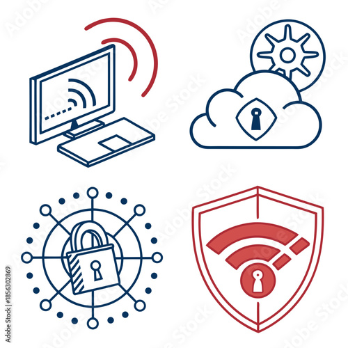 Cyber security icon set. Data and network protection symbols for app, ui, website. Computer technology protection, internet safety, secure cloud access, privacy vector icons.