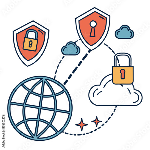 Cyber security icon set. Data and network protection symbols for app, ui, website. Computer technology protection, internet safety, secure cloud access, privacy vector icons.