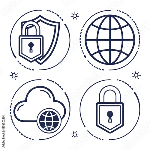 Cyber security icon set. Data and network protection symbols for app, ui, website. Computer technology protection, internet safety, secure cloud access, privacy vector icons.