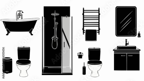 Collection of bathroom fixtures and accessories in silhouette style.