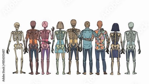 Diverse group of people showing their skeletons underneath their skin.