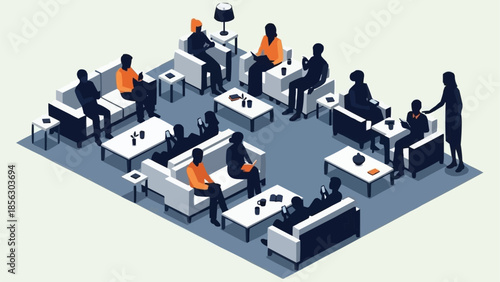 Diverse group of people in a modern waiting room or lounge area.