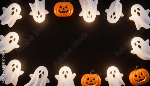 Whimsical Halloween Scene with Ghost Decorations and Jack O Lantern in Circular Arrangement