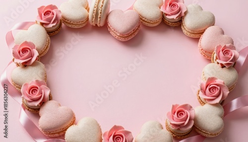 Heart Shaped Macarons Surrounded By Pink Roses On A Soft Pink Background For Romantic Celebration