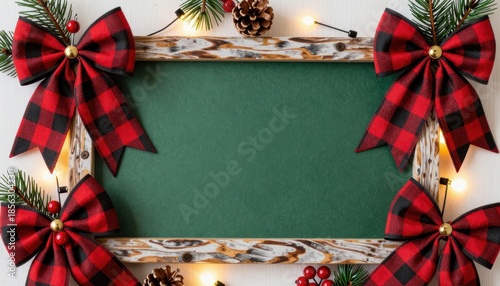 Rustic Holiday Frame Decorated with Buffalo Plaid Bows and Pine Cones for Festive Season