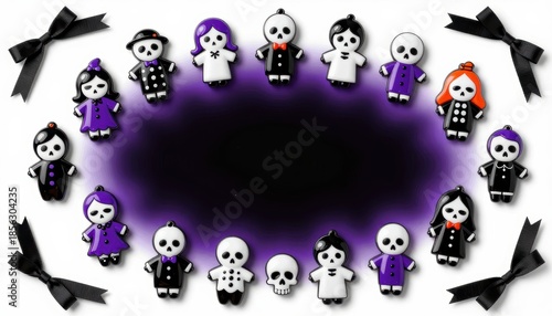 Collection of Whimsical Skeleton Figurines in Various Costumes Against a Purple Background