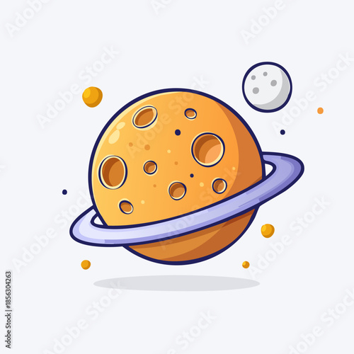 Cartoon planet with rings and moon in outer space illustration.
