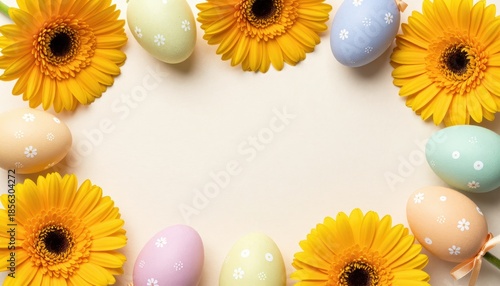 Colorful Easter Eggs Surrounded by Bright Yellow Gerbera Flowers on a Light Background