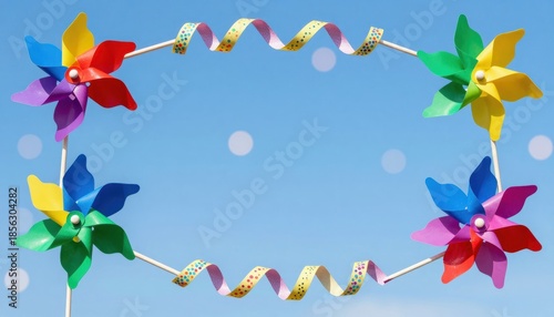 Colorful Pinwheels Framed Against a Bright Blue Sky Creating a Whimsical Atmosphere