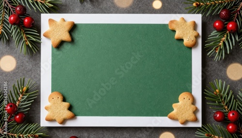 Festive Scene with Gingerbread Cookies and Green Background with Christmas Decorations