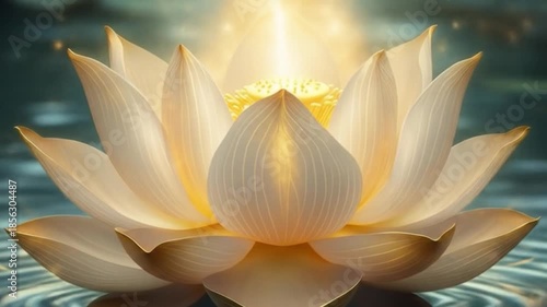 Animated golden lotus blossom floating on calm water with a magical light beam shining above the
