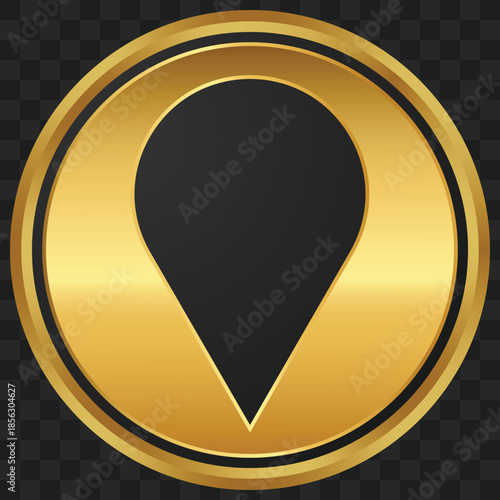 A glossy golden circle with a black location pin icon in the center, symbolizing navigation or a specific place.