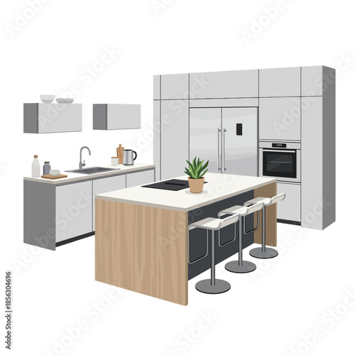 Modern kitchen interior with island stainless steel appliances and minimalist design