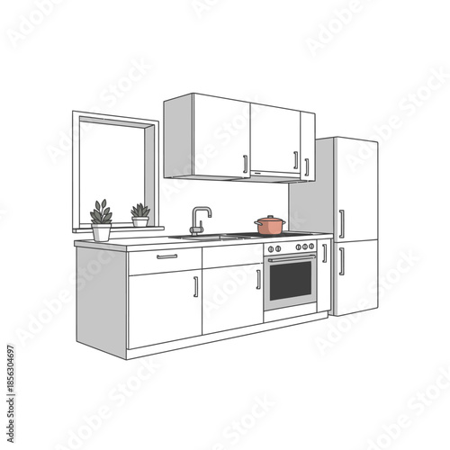 A simple white kitchen design featuring cabinets sink oven and window
