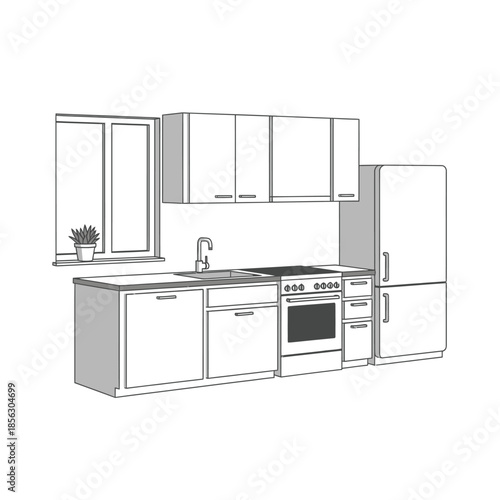 Simple sketch of a modern kitchen with white cabinets and appliances