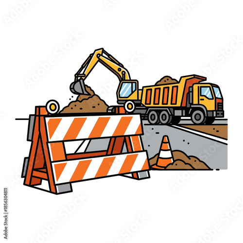 Construction site with excavator dump truck barriers and traffic cones