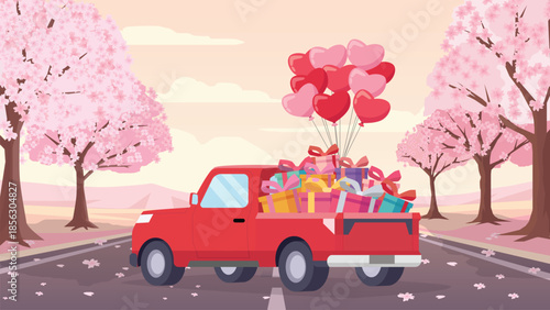 Red pickup truck full of gift boxes and heart balloons driving on road with pink cherry blossom trees. Vector illustration for Valentine's Da. love delivery and spring romance concepts.