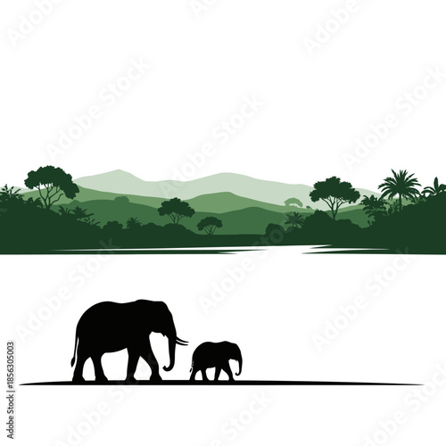 African elephants silhouetted against a scenic landscape with water and hills