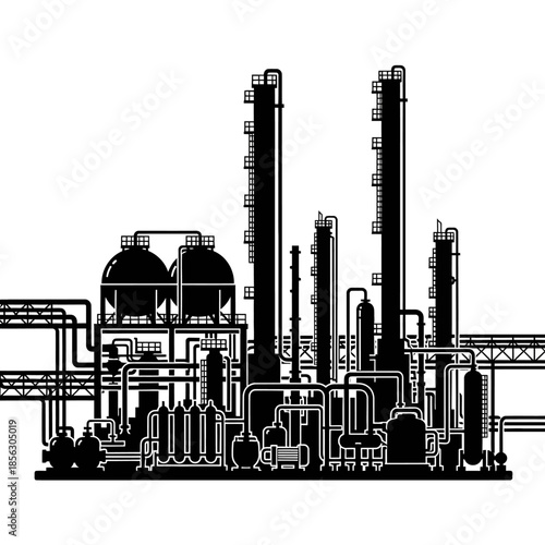 Industrial complex silhouette featuring refinery towers pipelines and processing structures