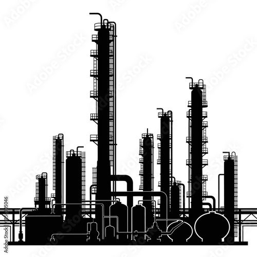 Silhouette of an industrial refinery complex against a stark white background