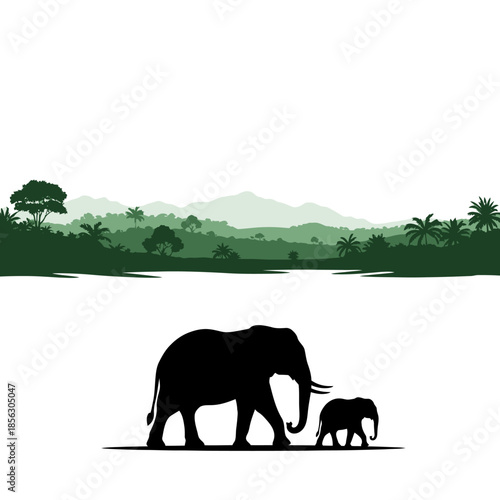 African elephants in silhouette against a lush green and white landscape