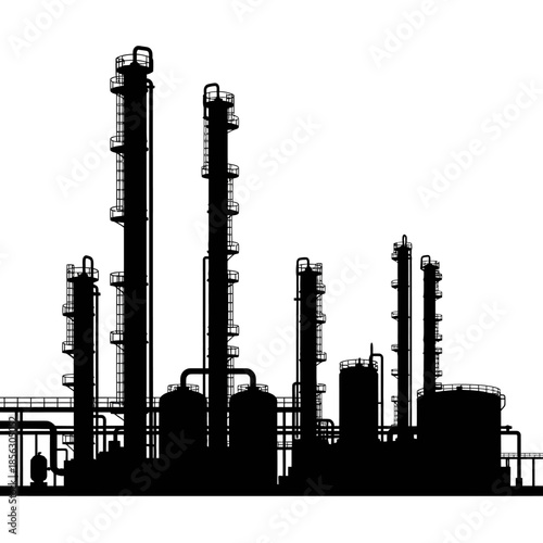 Silhouette of an industrial complex featuring refinery towers and processing structures