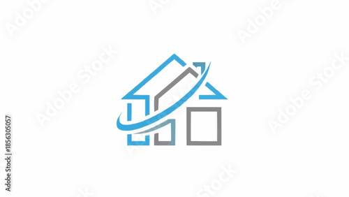 Modern House Outline with Orbiting Ring Logo Design.