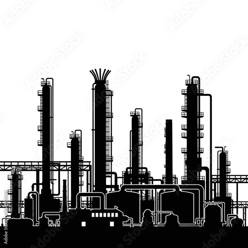 Silhouette of an industrial complex with multiple towers and pipelines