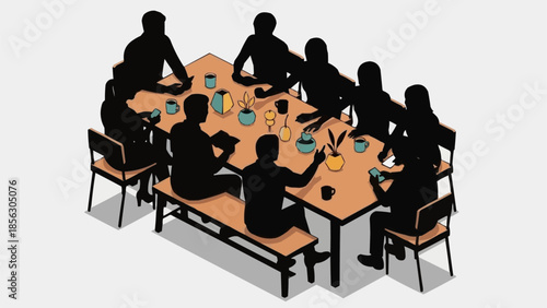 Silhouettes of people gathered around a table for a meeting or social event.