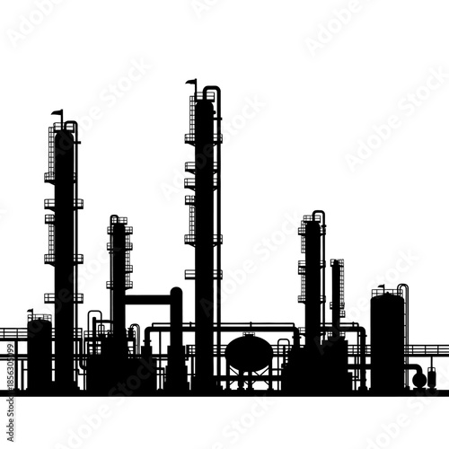 Silhouette of an industrial complex with several tall refinery towers