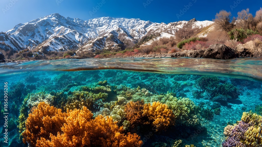 Fototapeta premium Split view of vibrant coral reef and snow-capped mountains under clear blue sky.
