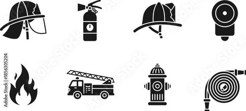 Firefighting icon set, helmet extinguisher truck hydrant hose flame alarm, black white vector, cad drawing flat vector illustration