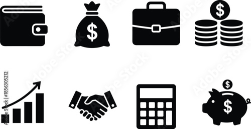 Finance business icon set, wallet money bag briefcase piggy bank chart calculator, black white vector, cad drawing flat vector illustration