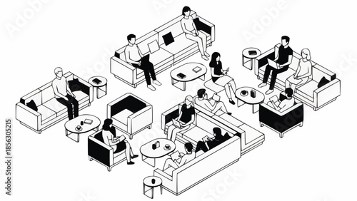 People sitting on couches and chairs in a modern office lounge area.