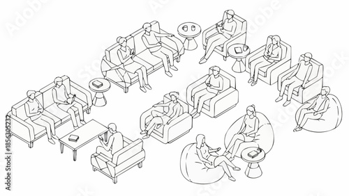 Isometric Group of People Sitting and Relaxing in Various Furniture.