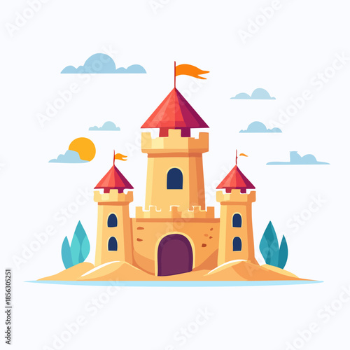 Cartoon sandcastle with towers and flags on a sunny beach.