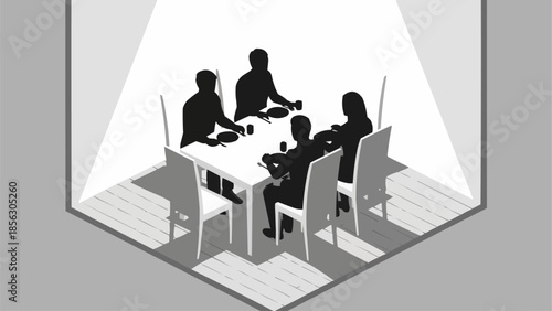 Silhouettes of people gathered around a table in a spotlight.