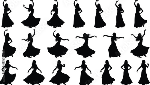 Flamenco dancer silhouette poses set, Spanish dance movement collection, elegant woman motion, cad drawing flat vector illustration