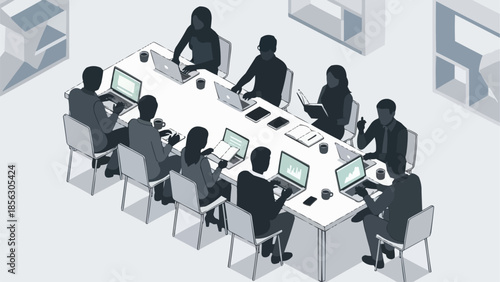 Isometric view of a business meeting with people working around a table with laptops.