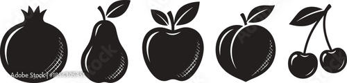Fruit silhouette icons, pomegranate, pear, apple, peach, cherries, black vector set, healthy food design, organic produce, minimal style