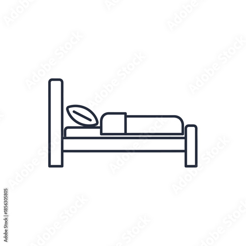 Simple line drawing depicts a bed with pillows and a minimalist frame