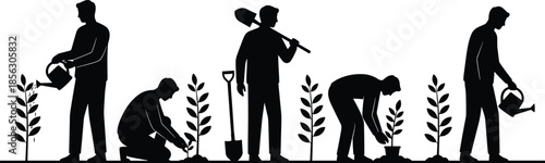 Gardening silhouette sequence, plant care stages, black figures on white, watering and planting actions, nature cultivation, soil and growth cycle