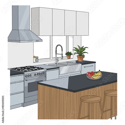 Modern kitchen interior with white cabinets island and stainless steel appliances