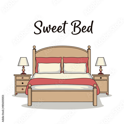A charming illustration of a bed with bedside tables and lamps